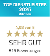 Auszeichnung von ProvenExpert Top Dienstleister 2025 bewertet mit Sehr Gut aus über 815 Bewertungen